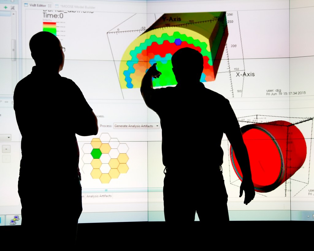Here's another screenshot just for fun of Alex McCaskey and I running ICE on ORNL's EVEREST powerwall. Maybe the biggest screen size ever used for Eclipse! We're looking at an ABTR core and spoofing a similar silhouette picture by John Turner and Tom Evans.
